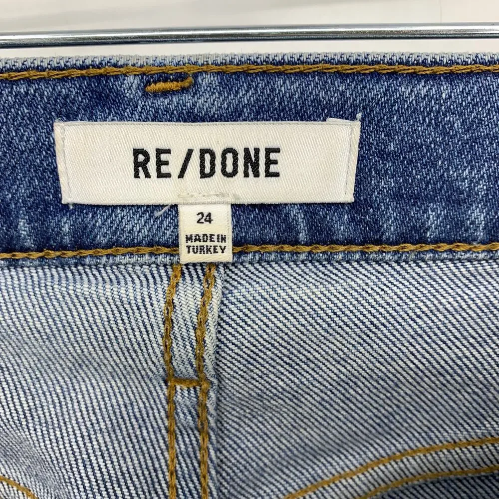 Re/Done 70's Stove Pipe High Rise Straight Jean Womens 24 Medium Wash Distressed